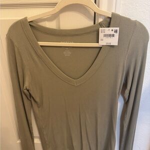 American Eagle Outfitters Ribbed V-Neck Long Sleeve Top - Olive